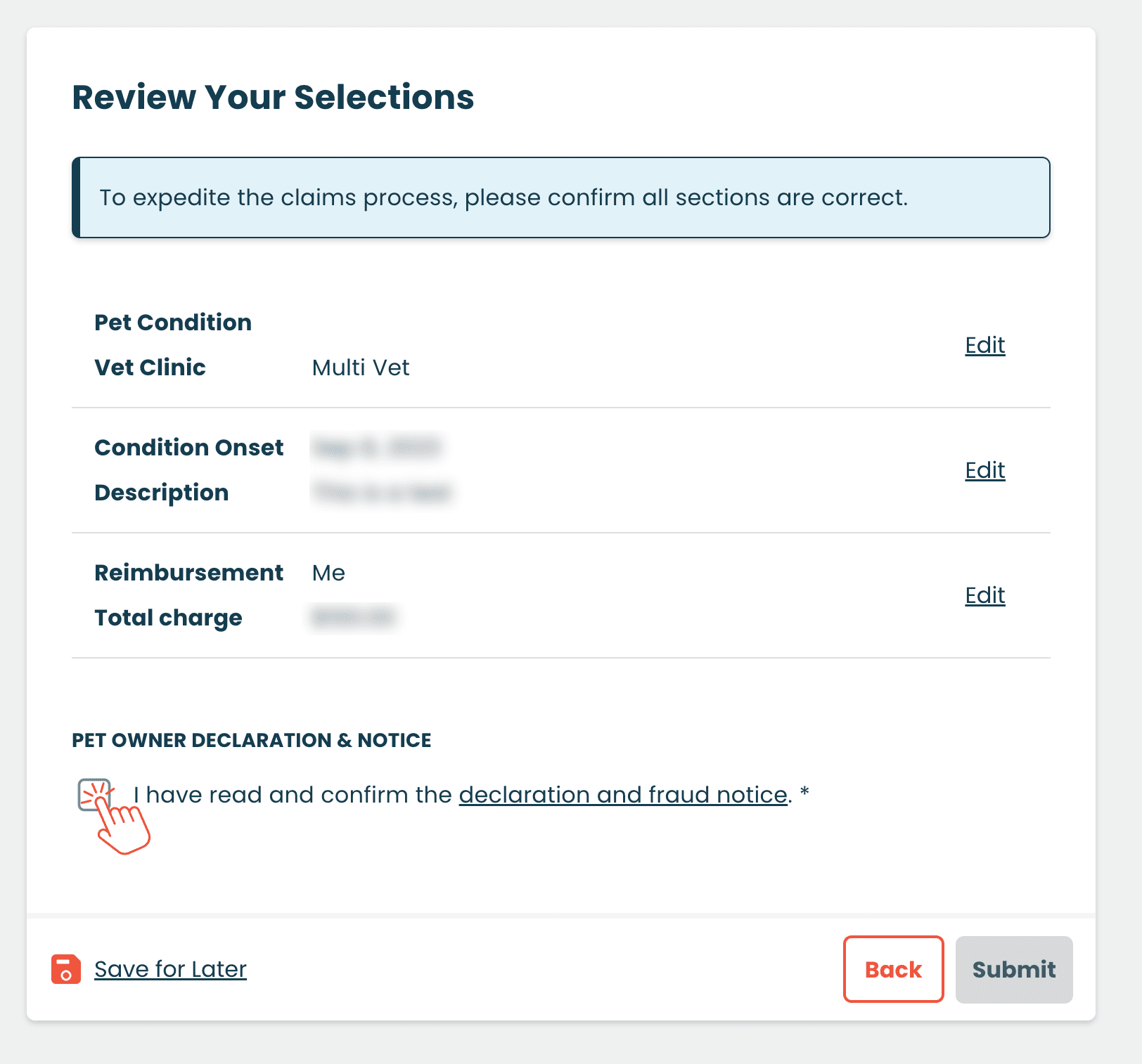 A reviewed pet insurance claim page with a checked declaration box at the bottom.