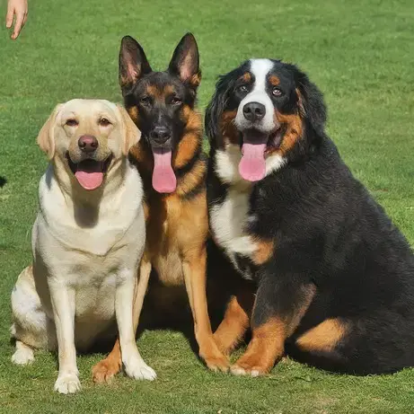 Three dogs sit on green grass with their tongues out.