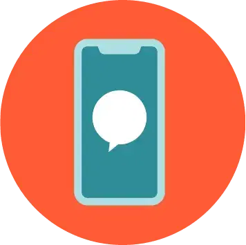 Icon of a mobile phone with a speech bubble on the screen against an orange circle background.