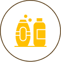 Icon of two bottles within a circle one with a pump dispenser and the other with a screw cap.