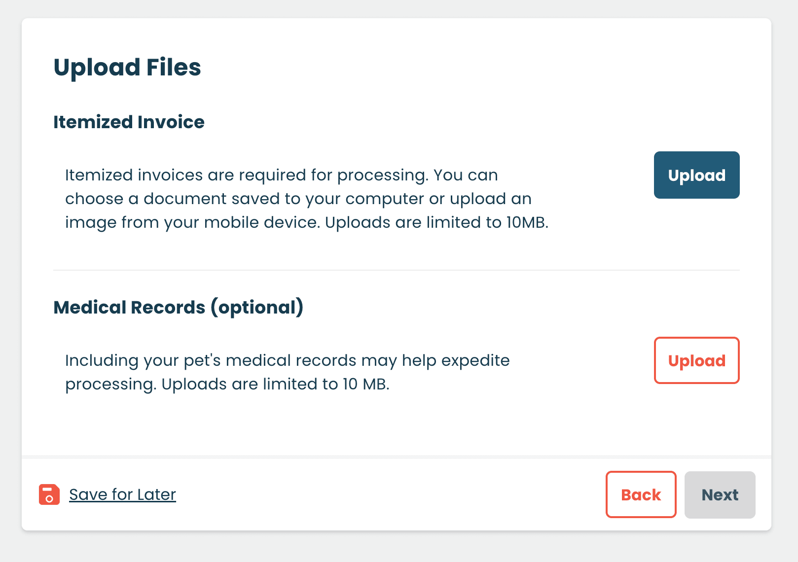 The screenshot shows an "Upload Files" webpage section with options to upload an itemized invoice and optional medical records.