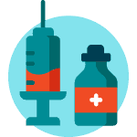 Illustration of a syringe filled with red liquid beside a vial with a red and white label.