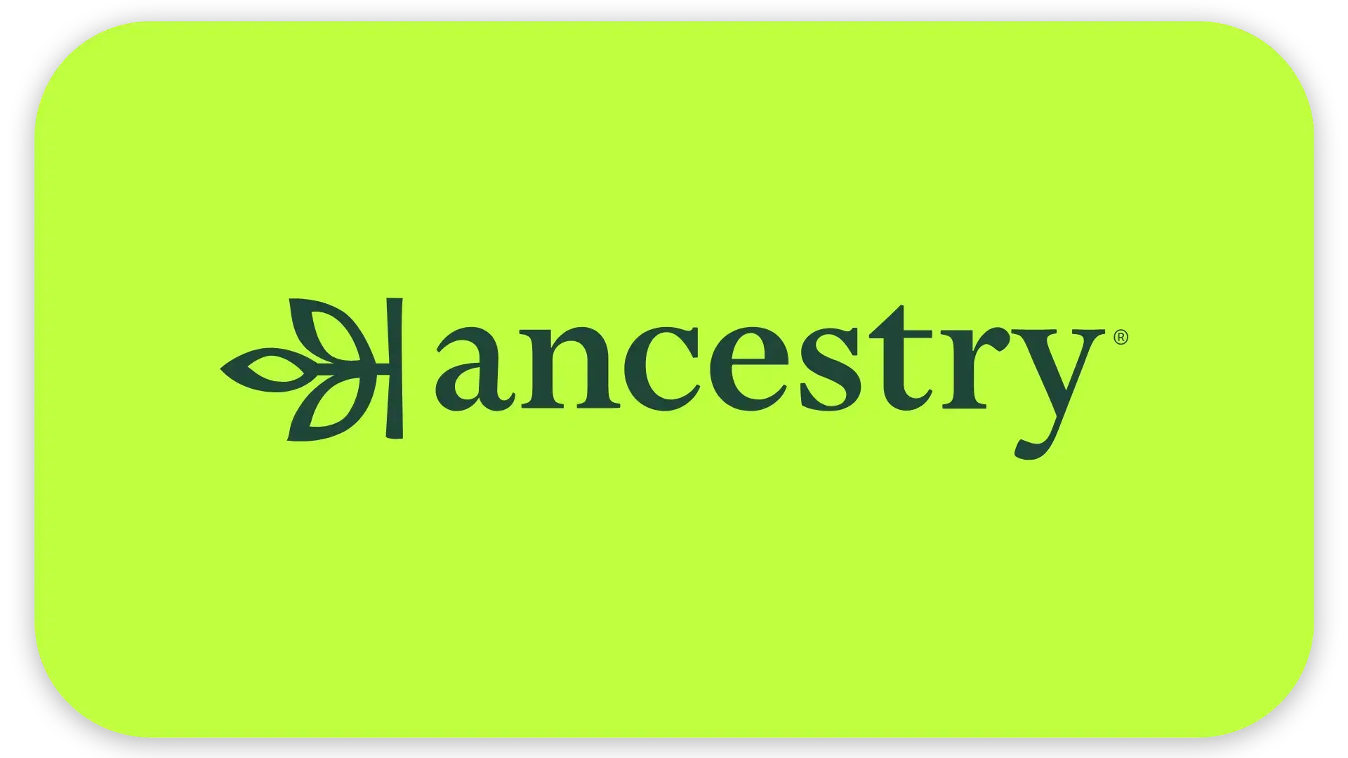 The photo shows the Ancestry logo with the word "ancestry" and a leaf design on a bright green background.