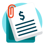 Illustration of a document with a dollar sign and a red paperclip on a teal background.