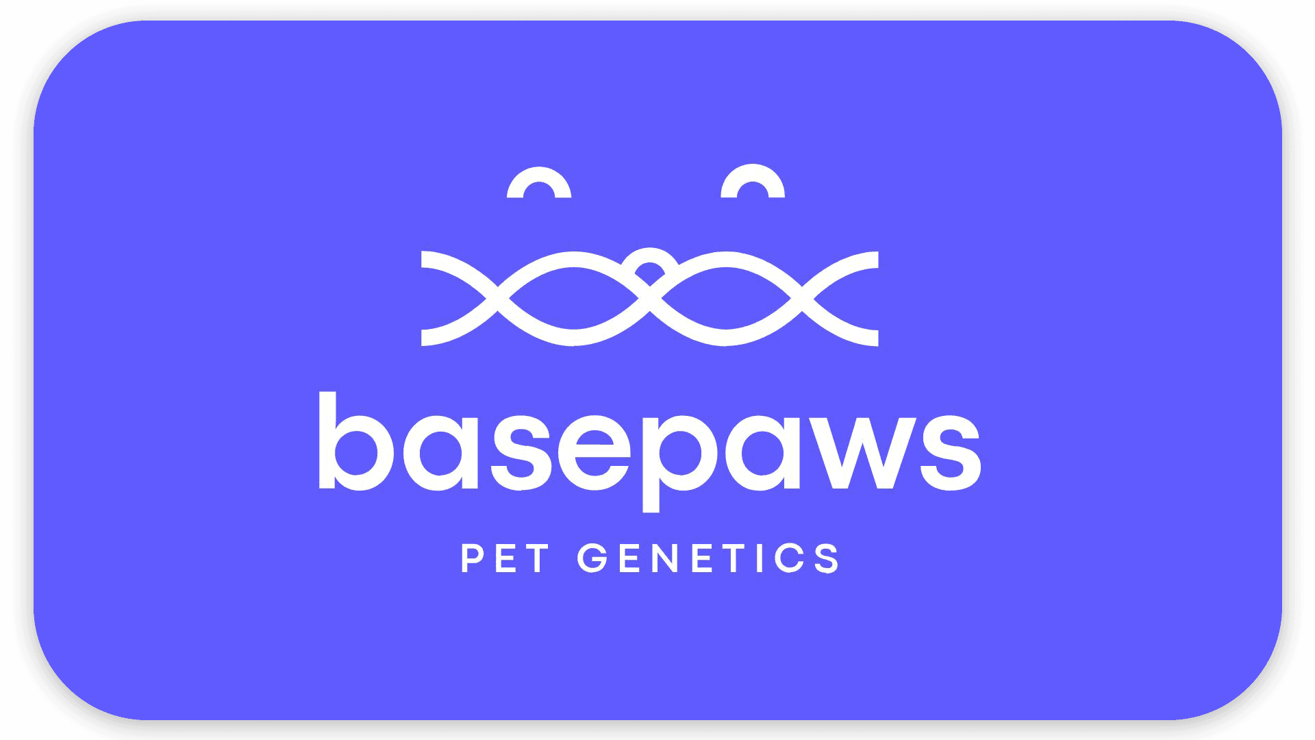 Logo of Basepaws Pet Genetics on a blue background featuring a DNA strand shaped like a cat's face above the text "basepaws" and "PET GENETICS.