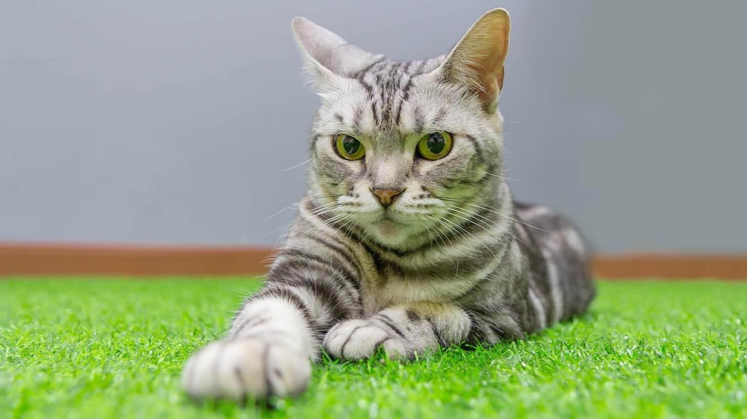 A gray tabby cat with green eyes is lying on grass.