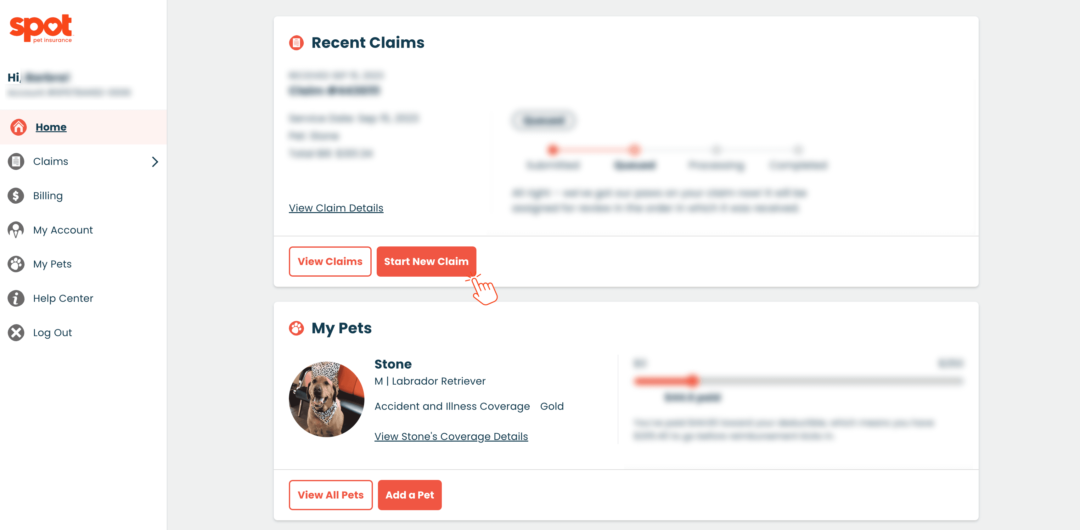 A webpage displays an insurance dashboard with sections for "Recent Claims" and "My Pets" offering options to manage claims and pets.