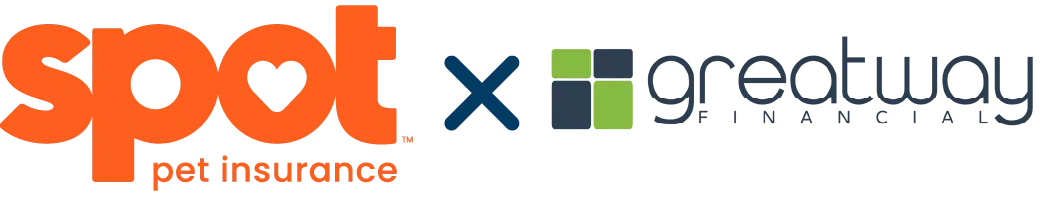 The image features the Spot logo on the left and the Greatway Financial logo on the right. They are connected by a blue 'x'. The Spot logo is orange and the Greatway Financial logo is blue and green.