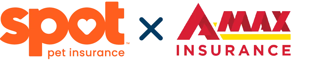 The image features the Spot logo on the left and the A-MAX logo on the right. They are connected by a blue 'x'. The Spot logo is orange and the A-MAX logo is red and yellow.