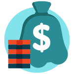 A teal money bag with a dollar sign sits next to a stack of red and black poker chips on a light blue circular background.