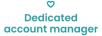 A small heart icon is above the text "Dedicated account manager" in teal on a white background.