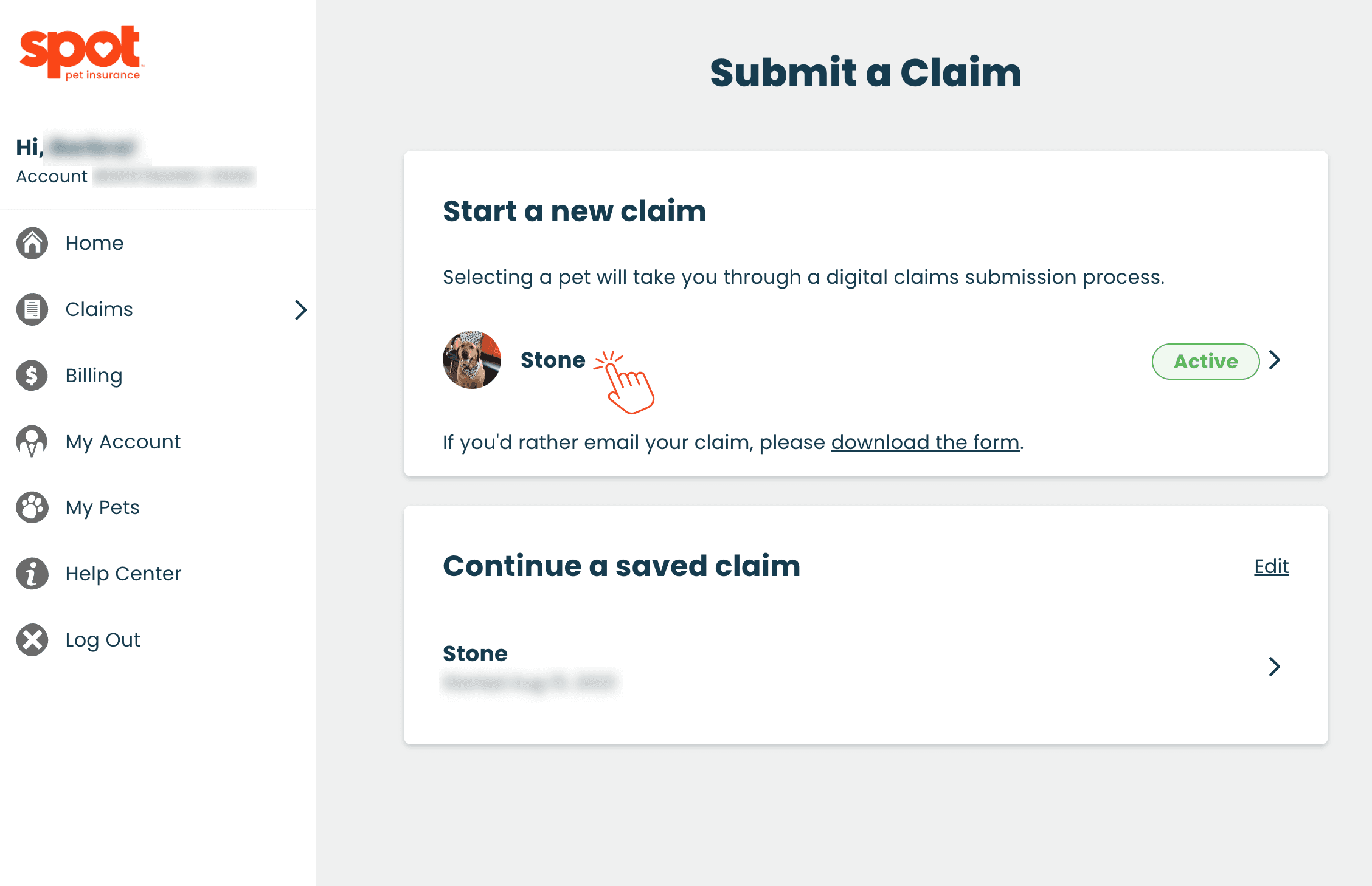 A website interface for submitting a pet insurance claim offers options to start or continue a claim and download a form.