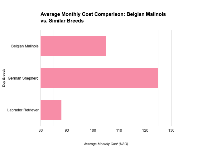 A bar chart compares average monthly costs showing the German Shepherd costing the most followed by Belgian Malinois and Labrador Retriever least.