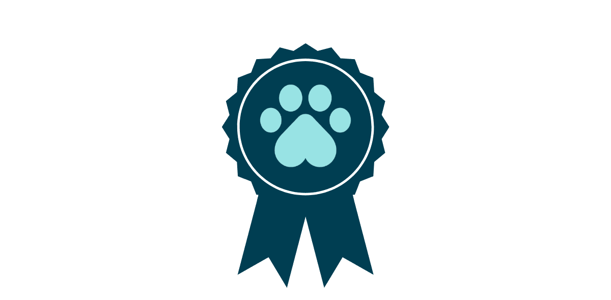 A blue ribbon award with a paw print symbolizes achievement in a pet competition.