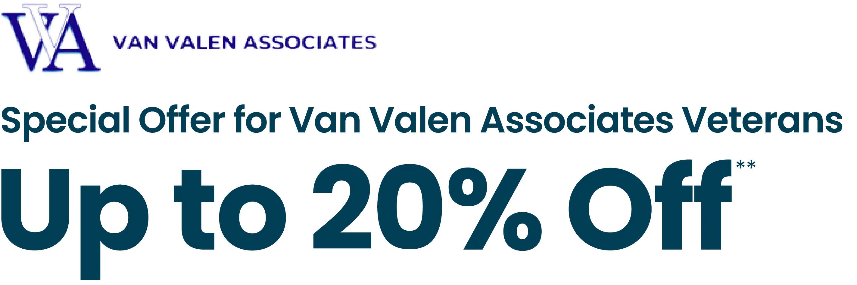 Van Valen Associates logo and text: Special Offer for Van Valen Associates Veterans. Up to 20% Off..