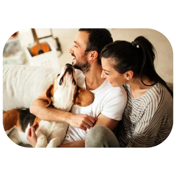 A couple sits on a couch with a friendly dog.