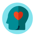 A teal human head silhouette with a red heart inside it against a light blue circular background.