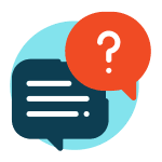 A sky-blue background features two speech bubbles, one blue with three lines and one orange with a question mark.