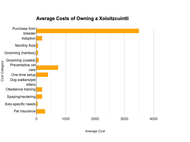 Bar chart showing the average costs of owning a Xoloitzcuintli with purchase from breeder being the highest.