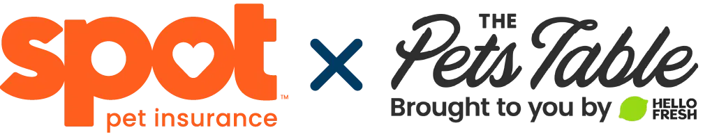 The image features the Spot logo on the left and The Pets Table logo on the right. They are connected by a blue 'x'. The Spot logo is orange and The Pets Table logo is black with a hint of green