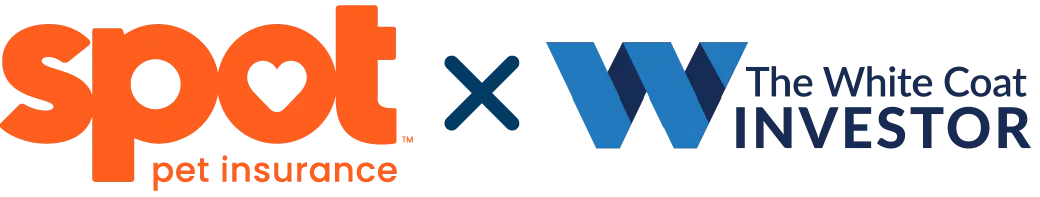 Spot Pet Insurance logo next to The White Coat Investor logo, separated by a large x symbol, indicating a collaboration or partnership.