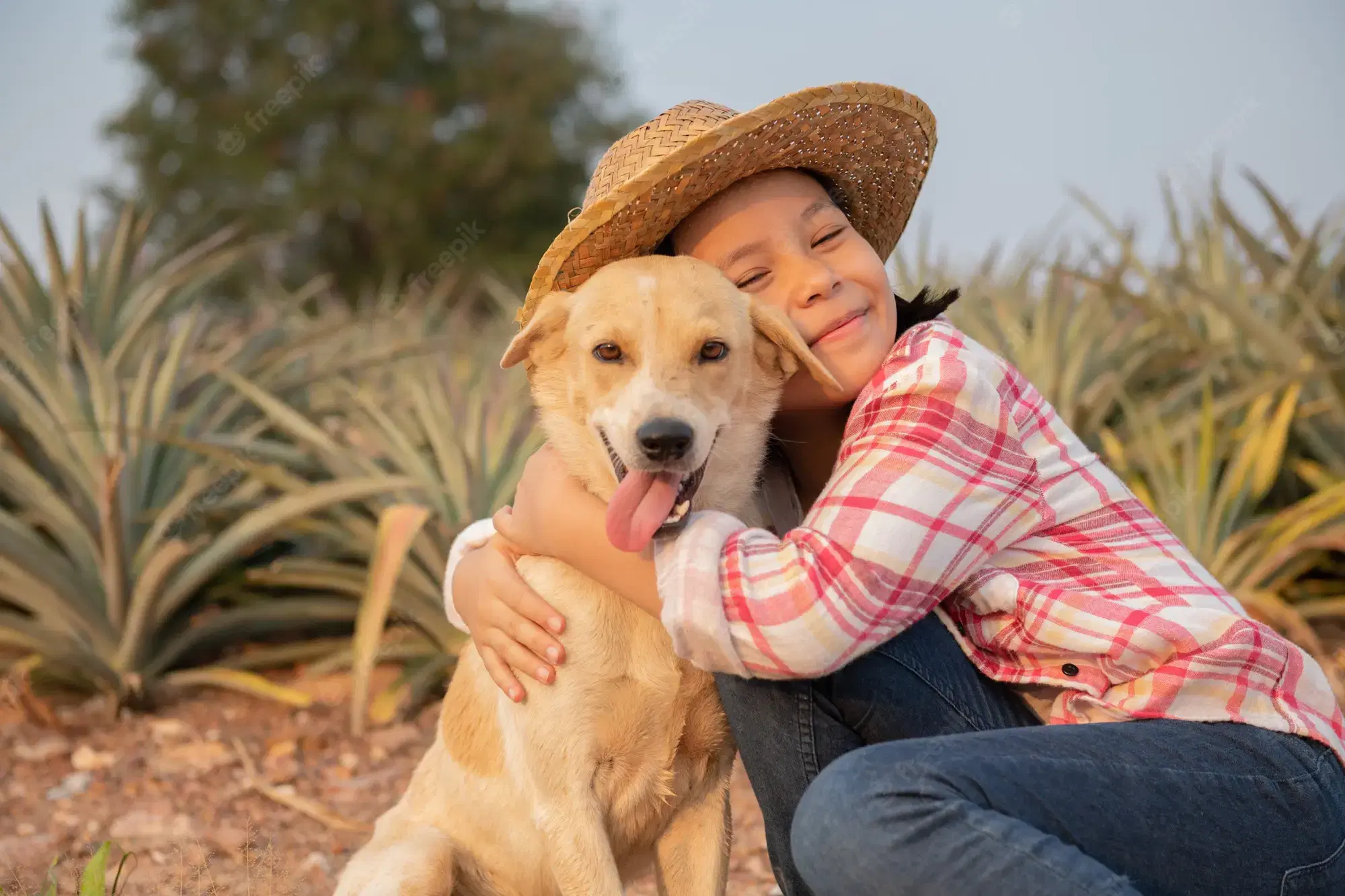 A person in a plaid shirt hugs a tan dog in a field.