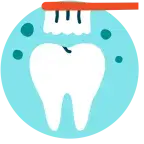 The icon shows a white tooth being brushed by an orange toothbrush on a blue background.