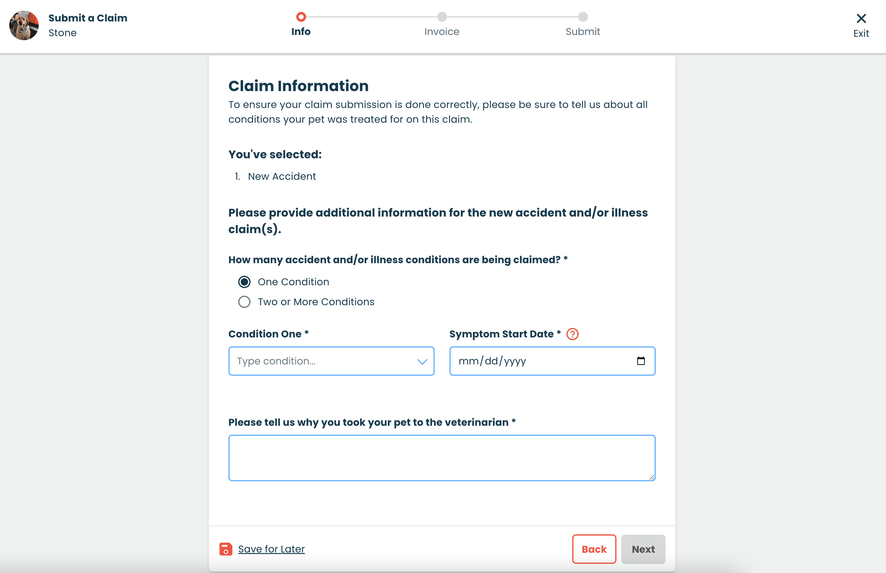 A screenshot of an online form titled "Claim Information" for submitting a new claim.